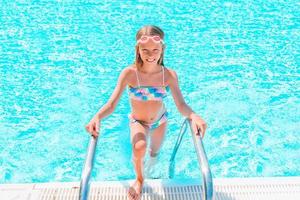 Adorable little girl swimming at outdoor swimming pool photo