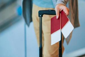 Close-up of passports and boarding pass in female hands at airport photo