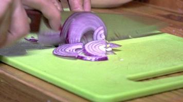 mano de mujer cortando cebollas en una tabla en la cocina video