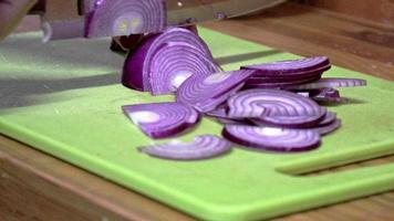 mano de mujer cortando cebollas en una tabla en la cocina video