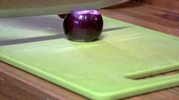 Woman's hand cutting onions on a board at the kitchen video