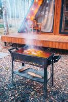 BBQ fish steaks. Pieces of salmon are fried over an open fire. photo