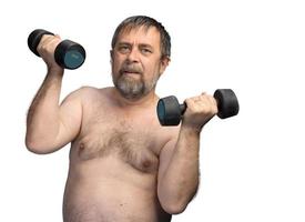 anciano gordo haciendo ejercicio con pesas foto