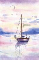 Watercolor illustration of a sailboat on sea in sunset photo