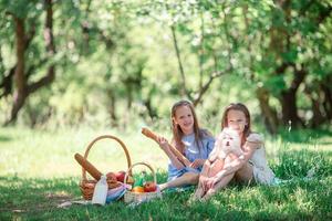 Two little kids on picnic in the park photo