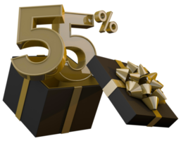 Black friday super sale with 55 percent gold number and black gift box and gold ribbon 3d render png