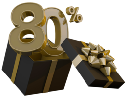 Black friday super sale with 80 percent gold number and black gift box and gold ribbon 3d render png
