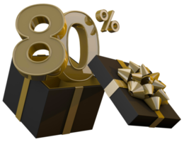 vendredi noir super vente avec 80 pour cent d'or et boîte-cadeau noire et ruban d'or rendu 3d png