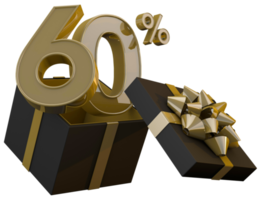 Black friday super sale with 60 percent gold number and black gift box and gold ribbon 3d render png