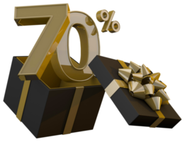 Black friday super sale with 70 percent gold number and black gift box and gold ribbon 3d render png