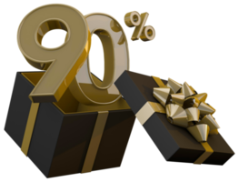 Black friday super sale with 90 percent gold number and black gift box and gold ribbon 3d render png