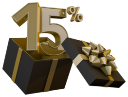 Black friday super sale with 15 percent gold number and black gift box and gold ribbon 3d render png