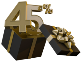 Black Friday Super Sale mit 45 Prozent Goldzahl und schwarzer Geschenkbox und Goldband 3D-Render png