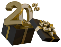 Black friday super sale with 20 percent gold number and black gift box and gold ribbon 3d render png