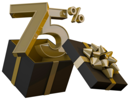 Black friday super sale with 75 percent gold number and black gift box and gold ribbon 3d render png