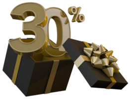 Black friday super sale with 30 percent gold number and black gift box and gold ribbon 3d render png