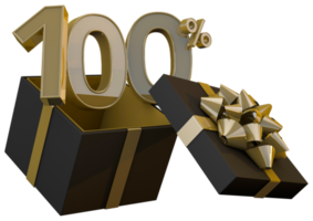 Black friday super sale with 100 percent gold number and black gift box and gold ribbon 3d render png