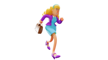 ilustración 3d hermoso personaje de dibujos animados en 3d de oficinista. bella oficinista yendo a trabajar con una bolsa marrón. mujer trabajadora emprendedora corriendo. personaje de dibujos animados en 3D png