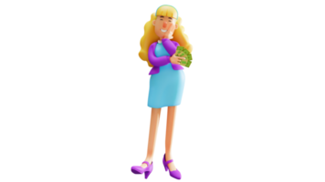 Illustration 3D. personnage de dessin animé 3d femme riche. belle femme riche souriante tenant le menton. les femmes riches détiennent beaucoup d'argent. personnage de dessin animé 3D png