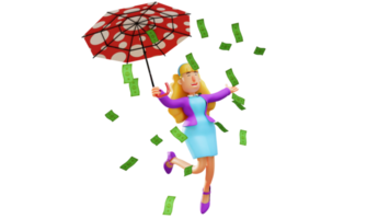 3D illustration. Rich Woman 3D Cartoon Character. Wealthy beautiful woman carrying red polka dot umbrella. Rich woman smiling happily with closed eyes under scattering of money. 3D Cartoon Character png