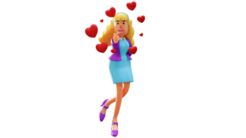 ilustração 3D. personagem de desenho animado 3d de mulher romântica. mulher bonita romântica mostrando sinal de amor. mulher romântica rodeada de símbolo de amor vermelho. personagem de desenho animado 3d png