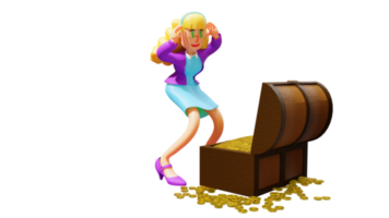 3D illustration. Rich Beautiful Woman 3D Cartoon Character. Rich woman fascinated to see treasure. The rich woman is very happy to see the pile of gold coins in the treasure. 3D Cartoon Character png