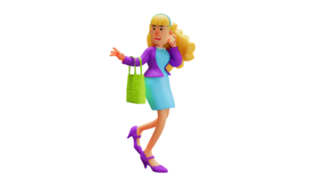 Illustration 3D. personnage de dessin animé 3d femme élégante. belle femme marchant portant un sac vert. femme élégante parle au téléphone. personnage de dessin animé 3D png