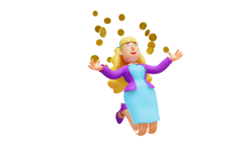 3D illustration. Beautiful Rich Woman 3D Cartoon Character. Rich woman kneeling and smiling happily. The rich woman under the scattering of gold coins. 3D Cartoon Character png