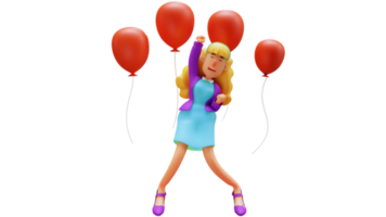 ilustração 3D. personagem de desenho animado 3d de mulher alegre. mulher alegre levantando o punho e sorrindo alegremente. mulher bonita alegre cercada por balões vermelhos. personagem de desenho animado 3d png