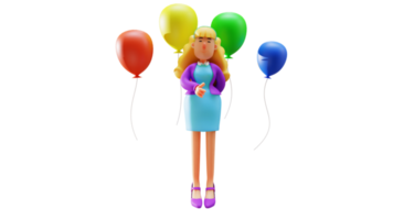 ilustração 3D. personagem de desenho animado 3d de mulher feliz. linda mulher feliz sorrindo alegremente. mulher feliz mostrando os polegares para cima e há muitos balões coloridos. personagem de desenho animado 3D png