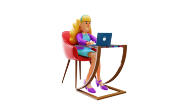 ilustración 3d hermoso personaje de dibujos animados en 3d de oficinista. hermosa oficinista ocupada haciendo su trabajo. hermosa mujer sentada frente a la computadora portátil. personaje de dibujos animados en 3D png