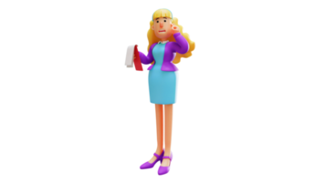 ilustração 3D. personagem de desenho animado 3d de mulher ocupada. lindo trabalhador de escritório carregando notebook. linda trabalhadora de escritório verificando seu trabalho com cara de pânico. personagem de desenho animado 3d png