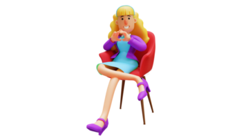 3D illustration. Beautiful Woman 3D Cartoon Character. Beautiful woman sitting on a red chair smiling sweetly. 3D Cartoon Character png
