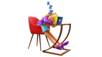 3D Illustration. Beautiful Office Worker 3D Cartoon Character. Beautiful office workers who feel tired. Beautiful office workers fall asleep while sitting in front of a laptop. 3D cartoon character png