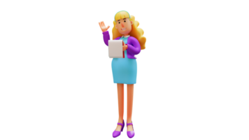 3D-Darstellung. schöne Zeichentrickfigur des Büroangestellten 3d. Eine schöne Frau hält ein Notizbuch. Eine schöne Frau erklärte etwas, während sie lächelte. 3D-Zeichentrickfigur png