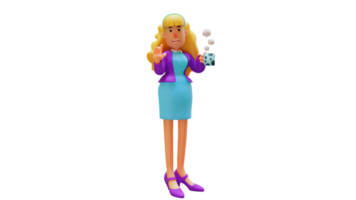 ilustração 3D. belo personagem de desenho animado 3d de trabalhador de escritório. um belo trabalhador de escritório está descansando. uma linda mulher segura um copo de bebida quente. personagem de desenho animado 3D png