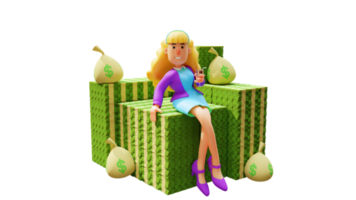 Illustration 3D. personnage de dessin animé 3d femme riche. belle femme riche assise sur une pile d'argent. femme riche tenant un verre de vin belle femme riche souriant joyeusement. personnage de dessin animé 3D png