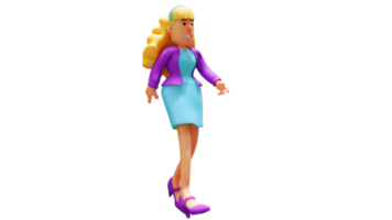 ilustración 3d elegante personaje de dibujos animados en 3d de mujer hermosa. hermosa oficinista caminando con gracia. hermosa mujer sonriendo dulcemente. personaje de dibujos animados en 3d
