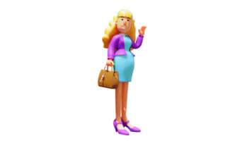 ilustração 3D. personagem de desenho animado 3d de mulher socialite. mulher bonita na moda carregando bolsa de marca. mulher rica acenando. personagem de desenho animado 3D png
