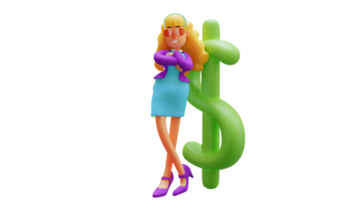 3D-Darstellung. erfolgreiche frau 3d-zeichentrickfigur. schöne erfolgreiche frau mit brille. reiche Frau, die ihre Arme verschränkt und sich an das Dollarzeichen lehnt. 3D-Zeichentrickfigur png