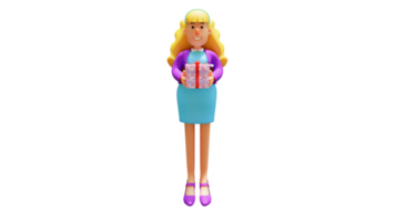 Illustration 3D. personnage de dessin animé 3d femme romantique. belle femme romantique apportant des cadeaux. belle femme souriante doucement. personnage de dessin animé 3D png