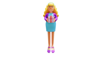 ilustração 3D. personagem de desenho animado 3d de mulher romântica. mulher bonita romântica trazendo presentes. mulher bonita sorrindo docemente. personagem de desenho animado 3D png