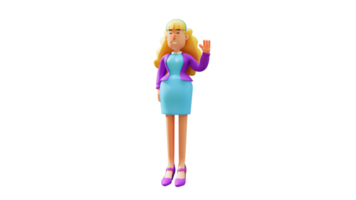 ilustração 3D. personagem de desenho animado 3d de mulher amigável. mulher bonita amigável sorrindo docemente. linda mulher acenando com a mão. personagem de desenho animado 3D png