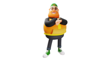 3D-Darstellung. stilvoller fetter junger mann 3d-zeichentrickfigur. stilvoller mann, der freundlich steht und lächelt. dicker Mann mit verschränkten Armen. 3D-Zeichentrickfigur png