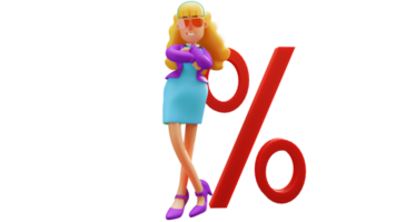 3D illustration. Successful Business Woman 3D Cartoon Character. Rich woman wearing glasses. Successful business woman leaning on percent sign. 3D cartoon character png