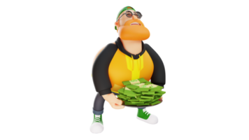 3D illustration. Rich Fat Male 3D Cartoon Character. Stylish man lifts a plate full of money. Man excitedly lifting pile of money. 3D cartoon character png