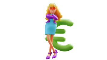 ilustração 3D. personagem de desenho animado 3d de mulher rica. linda empresária usando óculos. empresária bem-sucedida, apoiando-se no símbolo do euro. personagem de desenho animado 3d png