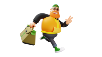 3D Illustration. Stylish Fat Man 3D Cartoon Character. The fat man who ran while carrying a bag full of money. A rich man smiled and showed a sign of peace. 3D Cartoon Character png