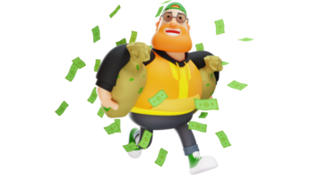 ilustración 3d rico personaje de dibujos animados en 3d de hombre de negocios. el hombre rico es muy feliz. el exitoso hombre de negocios llevaba un saco lleno de dinero. mucho dinero esparcido a su alrededor. personaje de dibujos animados en 3d png