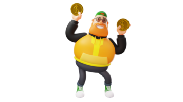 Illustration 3D. personnage de dessin animé 3d riche gros homme. l'homme riche tient des pièces d'or à deux mains. homme riche souriant joyeusement. personnage de dessin animé 3D png